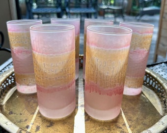 Vintage Satin Glass Pink Amethyst & Gold Highboy Tumbler Glasses, Set of 6 Mid Century Modern Barware, Hand Painted Likely Al-Rama Israel