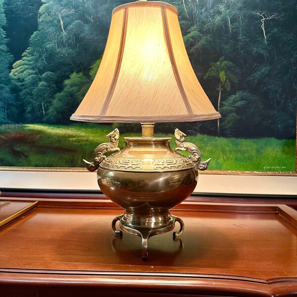 Vintage Tyndale Asian Inspired Brass Dragon Handle Table Lamp w/ Finial Shade, Frederick Cooper 20” Chinoiserie Eclectic Grandpa Decor