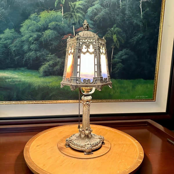 Antique Cast Iron Slag Glass Boudoir Vanity Table Accent Lamp, 6 Side Gothic Victorian Art Nouveau Style Acorn Finial Distressed Paint Decor