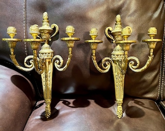 Mid Century Pair Italian Brass Neoclassical 3 Arm Candle Wall Sconce, 16” Tall Urn Scroll Acanthus Trade Quality Made in Italy Regency Decor