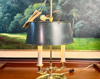 Vintage Sedgefield Brass Bouillotte Lamp | Adjustable Green Tole Shade, Double Candle
