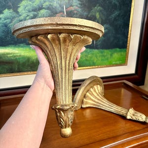 1950s Pair Large Italian Florentine Gold Gilt Wall Shelves, Original Patina, Marked Florentia Handmade Italy Aged Neoclassical Regency Decor