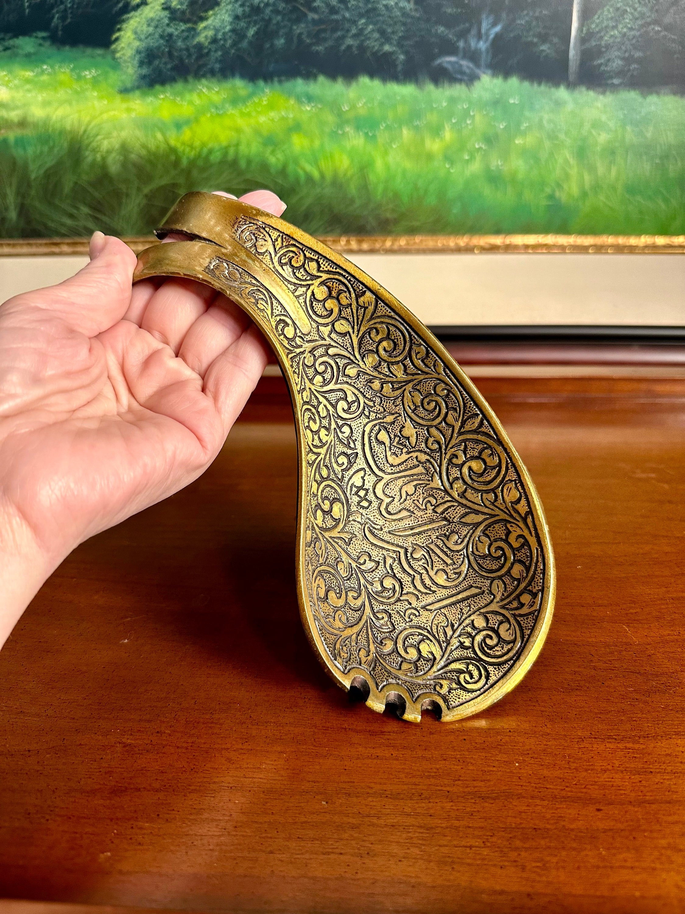 Vintage Oppenheim Israel Engraved Solid Brass Candy Fruit Trinket Dish Tray with Handle, Mid Century Modern Rare Organic Shape Judaica Decor