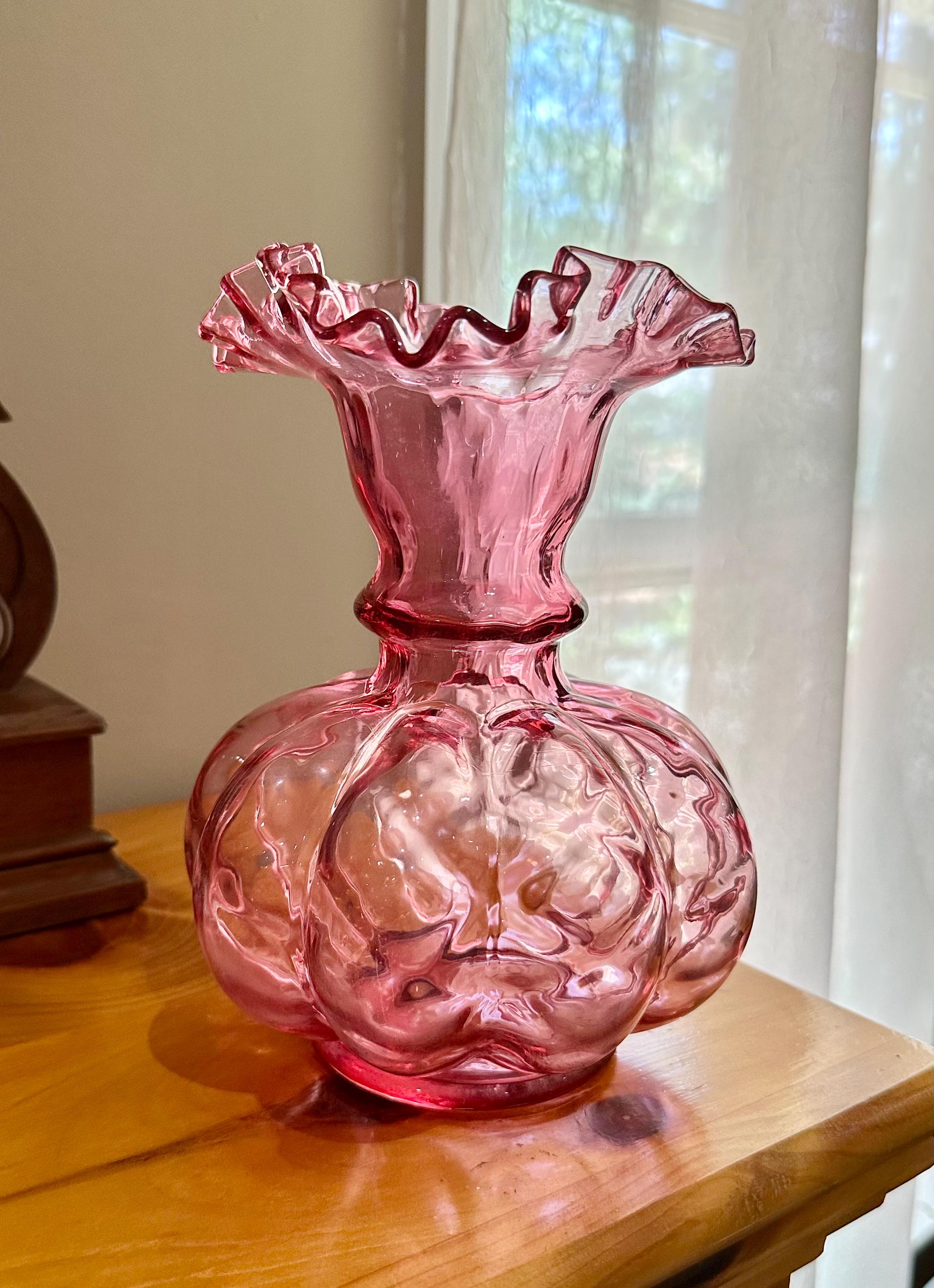 Vintage Fenton Cranberry Glass Vase, Ruffle Top, Optic Melon