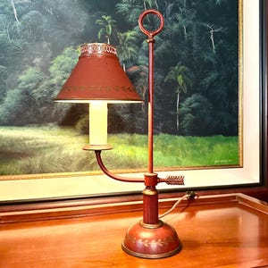 Vintage Toleware Bouillotte Lamp | Red with Gilt Accents, Arrow Arm Detail, French Regency Style