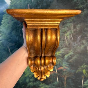 Vintage Florentine Gold Terracotta Wall Shelf, Gilded Scroll Ceramic Corbel, Acanthus Design 9.5” Tall, World Art Florida USA Regency Decor
