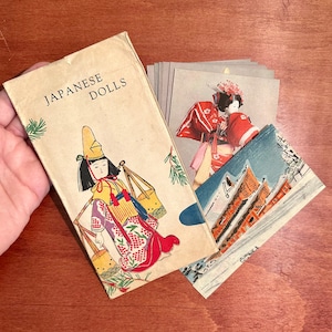 Cartoline di bambole Kabuki d'epoca inutilizzate circa anni '30, Japan Travel Bureau set completo da 8 con inserto, storiche incorniciabili giapponesi Boho insolite