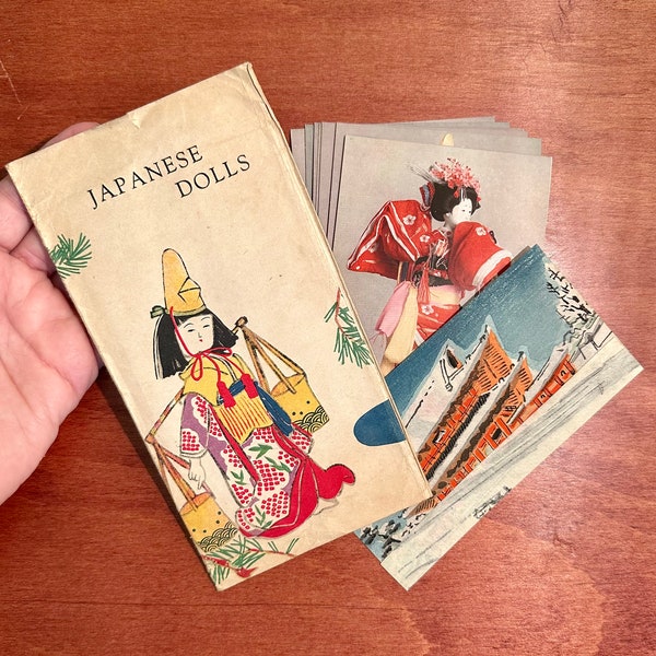 Vintage Kabuki Dolls Postcards Unused ca 1930s, Japan Travel Bureau Complete Set 8 with Insert, Historical Framable Japanese Boho Unusual