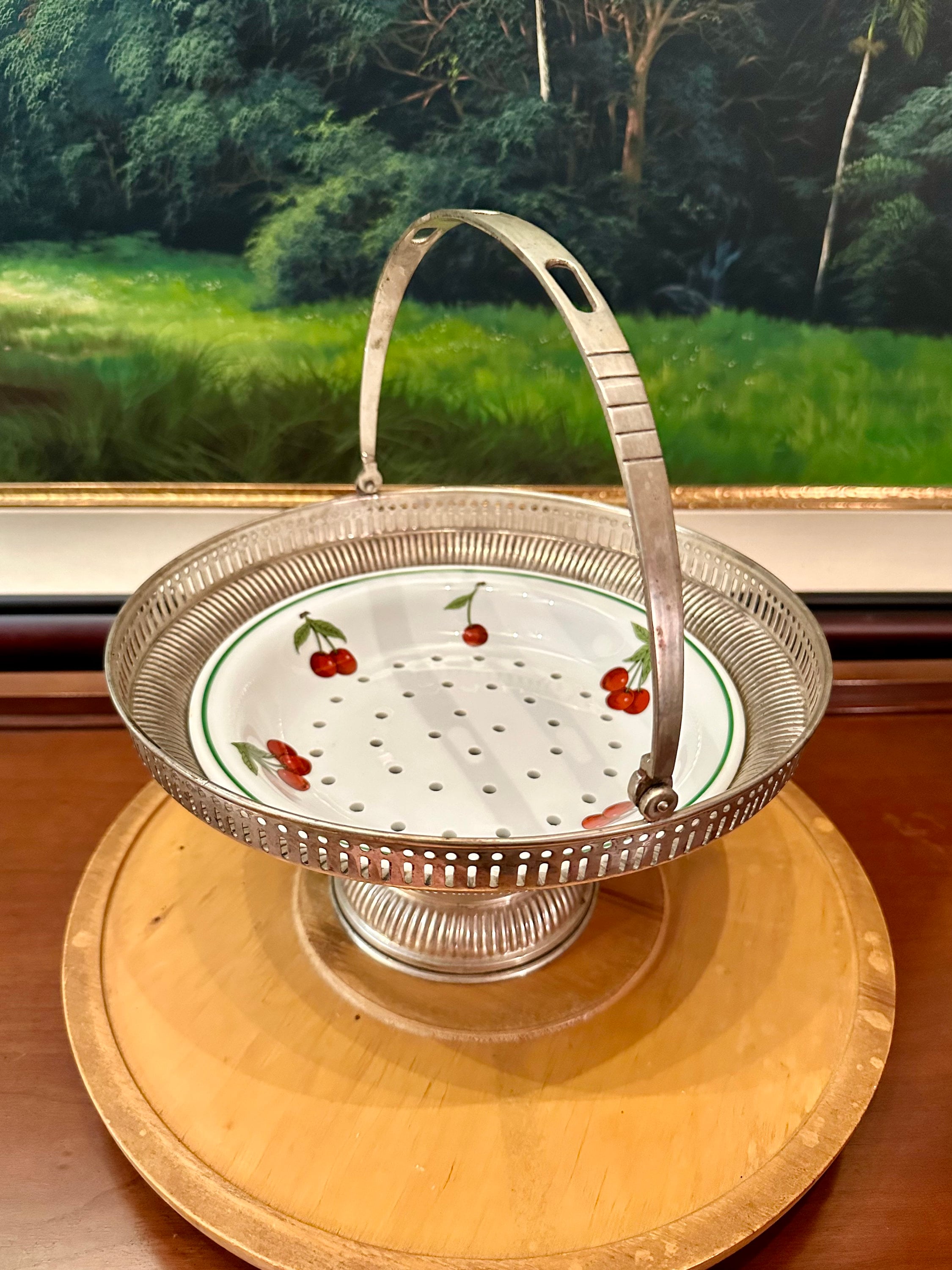 Basket Colander French Porcelain Red Cottage Holder, Apilco Strainer Decor Cherries Silver-plate White Country & Etsy White Handle France Vintage -