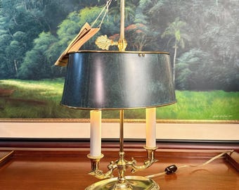 Vintage Sedgefield Brass Bouillotte Lamp | Adjustable Green Tole Shade, Double Candle