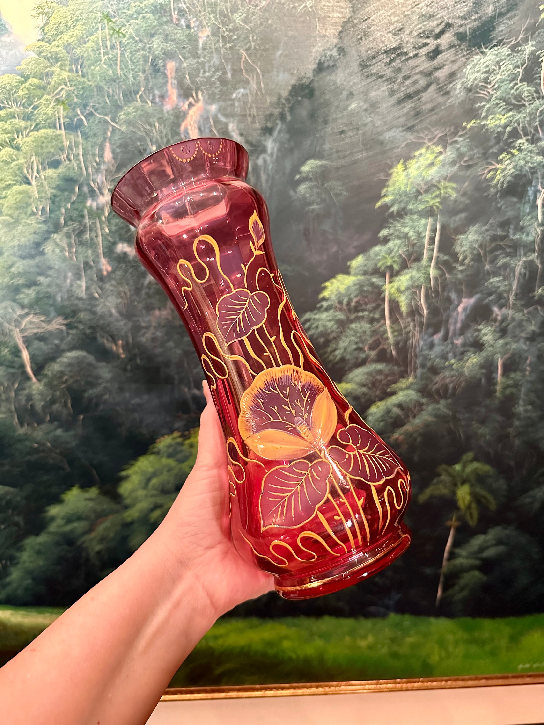 Antique Cranberry Glass Vase: Victorian Art Nouveau Enamel Floral