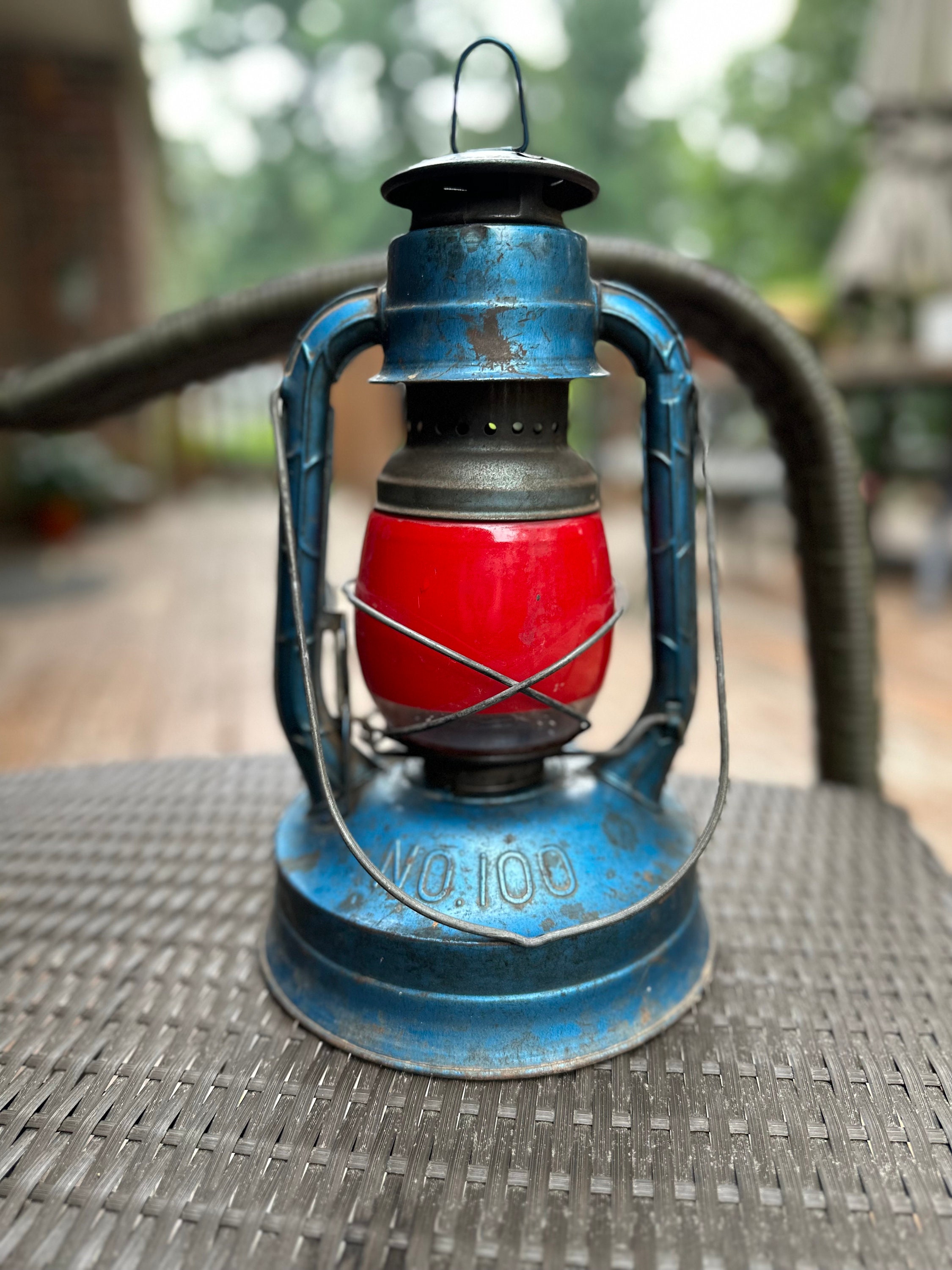 Vintage Dietz No 100 NY USA Blue Railroad Lantern With Red Vintage Dietz No 100 NY USA Blue Railroad Lantern With Red