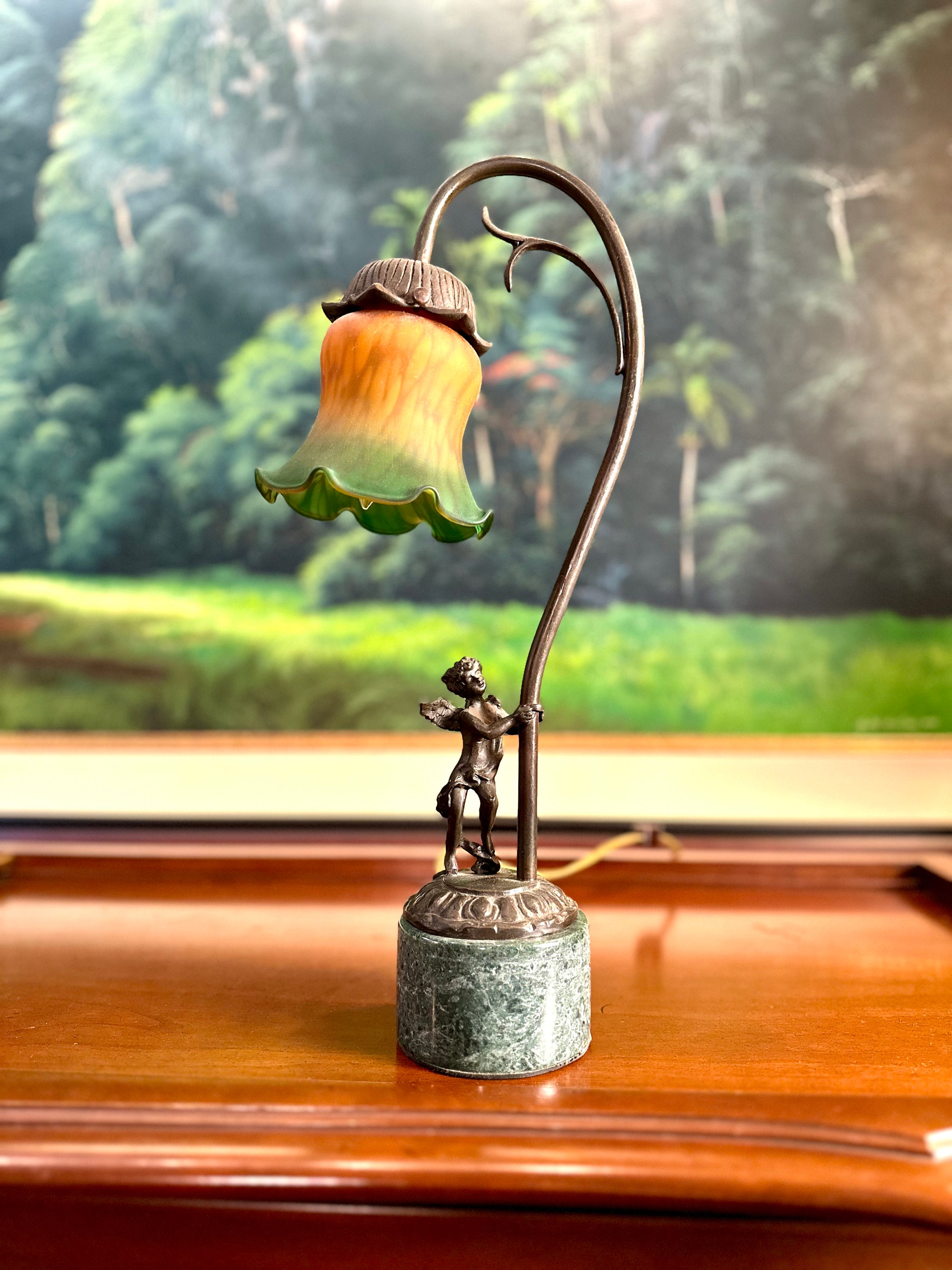 Vintage Bronze Cherub Table Lamp: Art Nouveau Amber Green Tulip