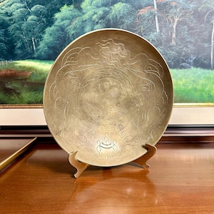 Vintage Etched Brass Dragon Bowl with Stand: Chinoiserie Feng Shui Decor
