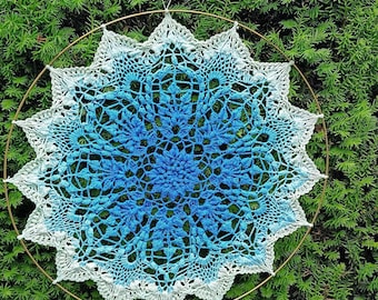 May include: A blue and white crocheted mandala hanging on a green bush. The mandala is circular and has a delicate, intricate design.