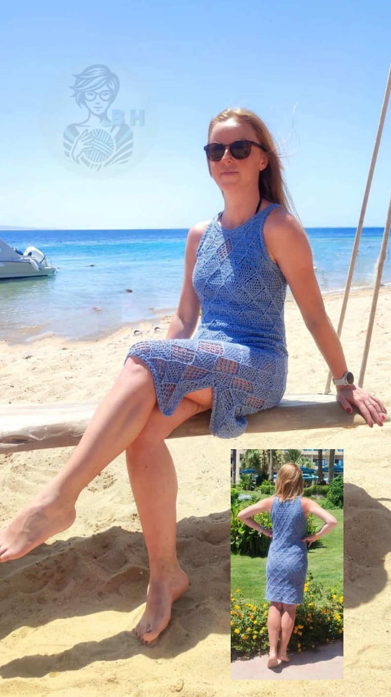 May include: A sleeveless, knee-length blue crochet dress featuring a repeating diamond pattern throughout the garment. The dress has a high neckline and a fitted silhouette, shown from both a front-facing perspective and a rear-facing view.