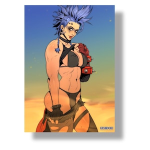 May include: A woman with blue hair and a muscular physique is wearing a black bikini top and a black and brown skirt. She is standing in a desert landscape with a sunset in the background.