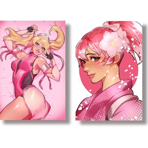 May include: Two digital illustrations of anime-style women with pink hair and pink clothing. The first image shows a woman with long blonde pigtails wearing a pink and black outfit. The second image shows a woman with a pink flower in her hair wearing a pink kimono with a white pattern.