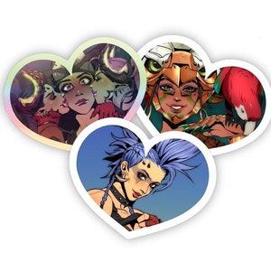 May include: Three heart-shaped stickers featuring colorful illustrations of women with different hairstyles and clothing. The stickers are perfect for adding a touch of personality to laptops, water bottles, or journals.
