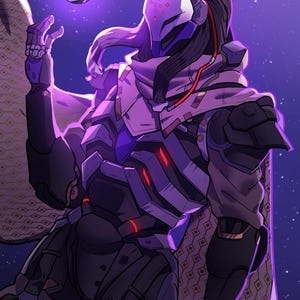 May include: A purple and black futuristic character with a glowing orb in their hand. The character is wearing a black and purple suit with a white mask and long black hair. The background is a dark purple with stars.