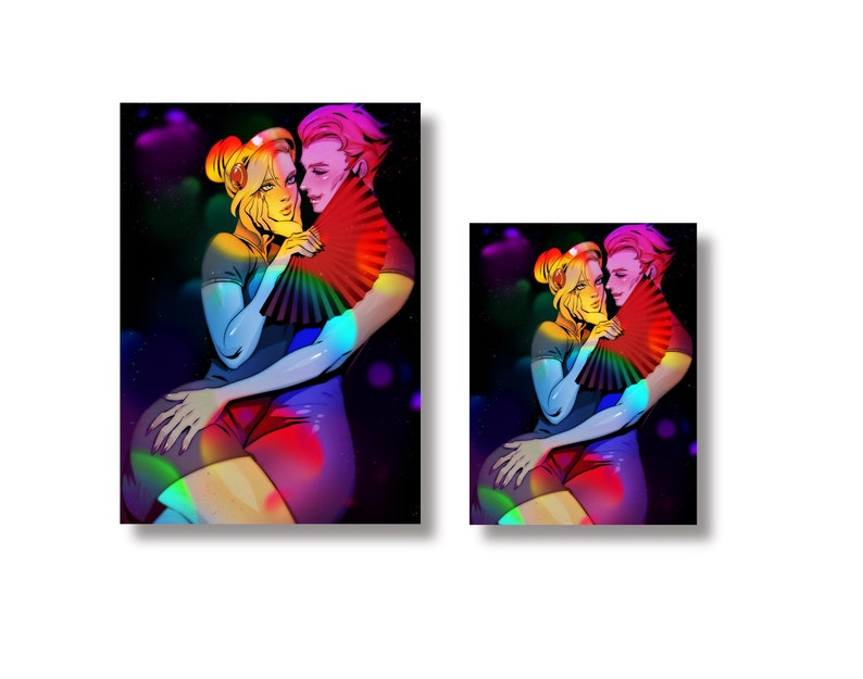 May include: A digital illustration of two people embracing. The woman is wearing a red and blue dress and the man is wearing a blue shirt. They are both holding a rainbow fan.