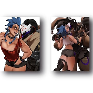 以下が含まれることがあります： ダイナミックなポーズの様式化されたキャラクターをフィーチャーした2つのデジタルアートプリント。1つのプリントは、赤いトップスと黒いショートパンツを着た女性とマスクをかぶった人物を示しています。もう1つのプリントは、白いトップスと黒いショートパンツを着た女性が大きな人物を抱きしめている様子を描いています。