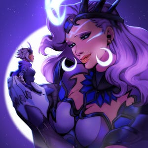 May include: Digital illustration of a woman with purple hair and a crown, holding a smaller figure. The artwork features a celestial theme with a moon and stars in the background. The woman wears a blue and black outfit.