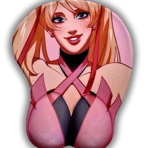 May include: A pink and black wrist rest with a cartoon image of a woman with blonde hair and red ribbons. The woman is smiling and wearing a pink and black outfit.