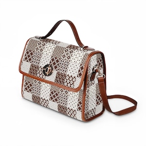 Wodoodporna torba płócienna w neutralny wzór patchworkowy | Brązowa torba z geometrycznym wzorem zdjęcie 3