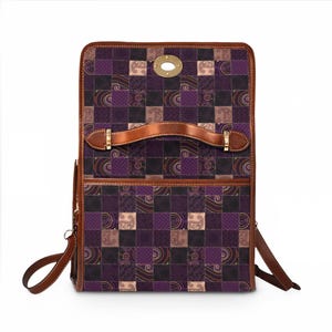 Lila Patchwork Muster Wasserdichte Ledertasche | Leder Umhängetasche Bild 2