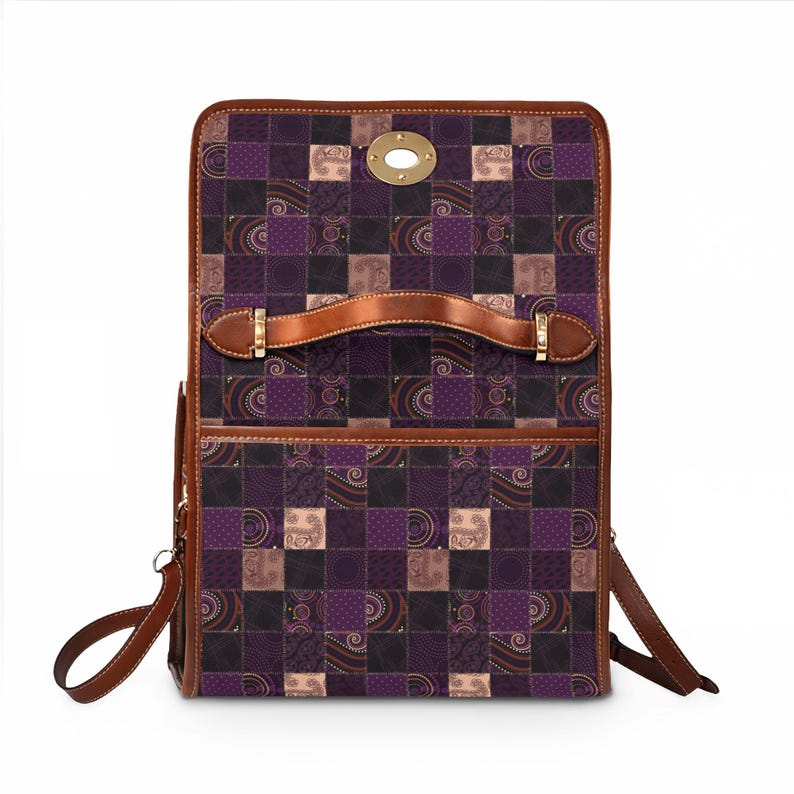 Lila Patchwork Muster Wasserdichte Ledertasche | Leder Umhängetasche Bild 2