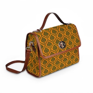 Green Orange Ikat Pattern Waterproof Canvas Bag | Vintage Geometric Shoulder Satchel