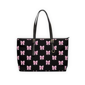 Borsa tote in ecopelle con stampa a fiocco rosa, borsa a tracolla nera, borsetta con grazioso motivo a fiocco, borsa estetica Y2K