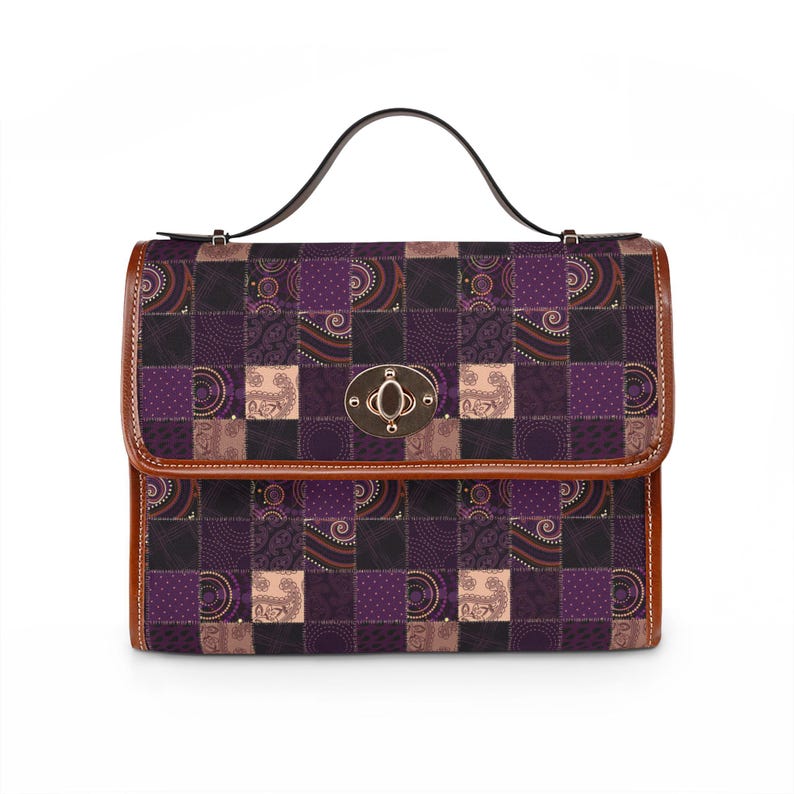 Lila Patchwork Muster Wasserdichte Ledertasche | Leder Umhängetasche Bild 1