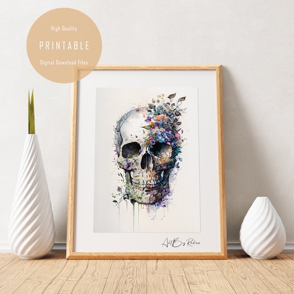 Floral Skull Printable Digital Painting | Print Download |  Room Painting | Art Room Decor | Digital DOWNLOAD Print | Poster | JPEGS