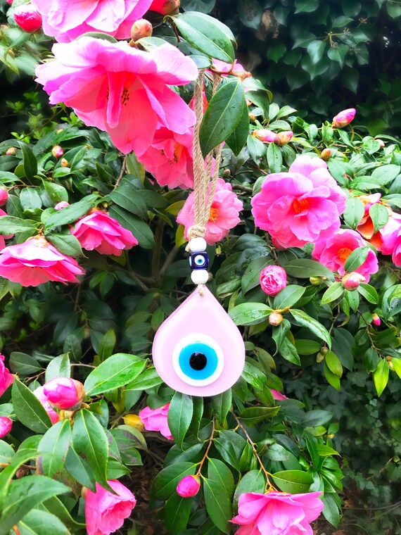 Pink Evil Eye Wall Hanging, Glass Evil Eye Decor, Hamsa Hand