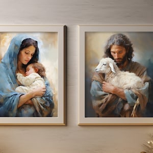 Dipinti spirituali di Maria e Gesù, arte biblica, Gesù con agnello, Santa Maria con bambino, arte murale cristiana