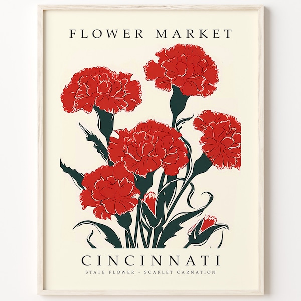 Cincinnati Ohio FLOWER MARKET | Cincinnati STATE Flower Print | Scarlet Carnation Flower Artwork | Botanical