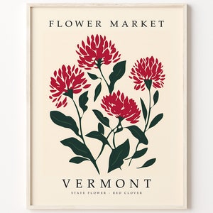 Vermont FLOWER MARKET | Vermont STATE Flower Print | Red Clover Flower Artwork | Botanical
