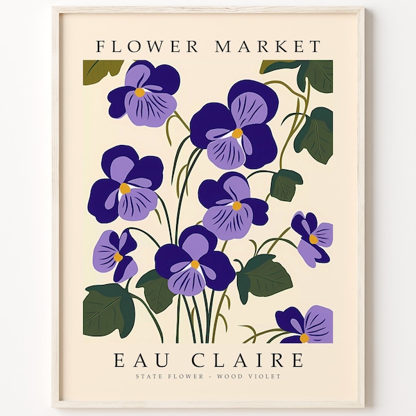 Eau Claire Wisconsin FLOWER MARKET | Eau Claire STATE Flower Print | Wood Violet Flower Artwork | Botanical