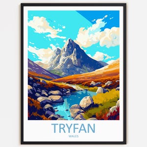 Décoration murale imprimée voyage Tryfan, art mural, tenture murale Tryfan, décoration d'intérieur, cadeau Tryfan, amateurs d'art, art du pays de Galles, décoration d'intérieur