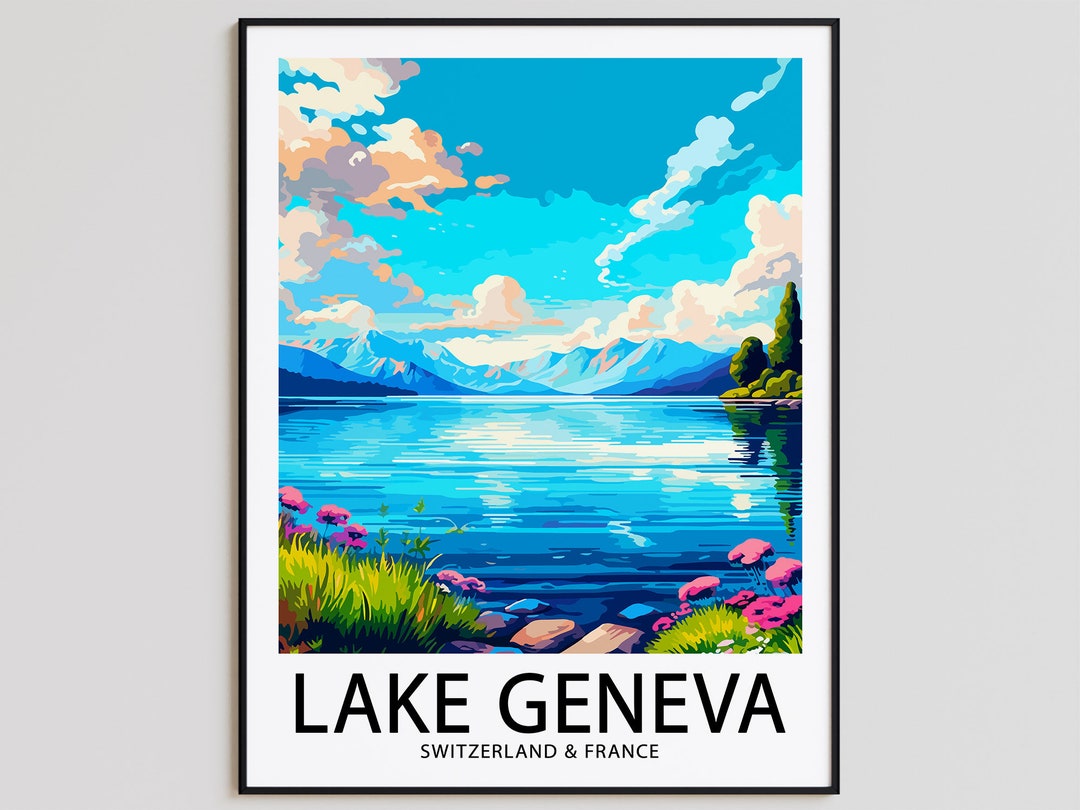 Lake Geneva Travel Poster Lake Geneva Print Switzerland & France Art