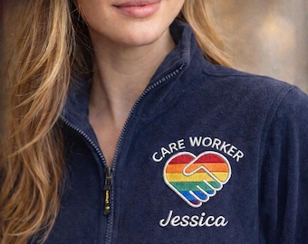 Personalised Care Worker Fleece Jacket UC604 | Rainbow Heart Handshake Embroidery | Custom Top & Name Text | Gift for Carers