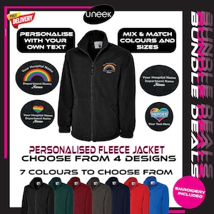 May include: Black fleece jacket with a zip fastening. The jacket is personalised with a rainbow, heart, or 'Heroes' design. The text 'Personalise with your own text' is displayed above the jacket. Seven different colours of the jacket are shown below the main image.