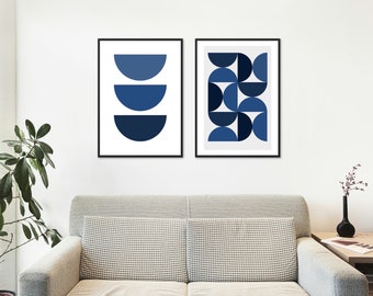 Blue Abstract Semi Circle Art Set of 2, Minimal Contemporary Print, Digital Print, Wall Art, Poster, Home Decor, Gallery Wall Art