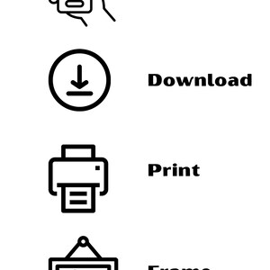 May include: Black and white illustration showing the steps to purchase, download, print, and frame a digital artwork. The steps are shown in a vertical list with icons representing each step.