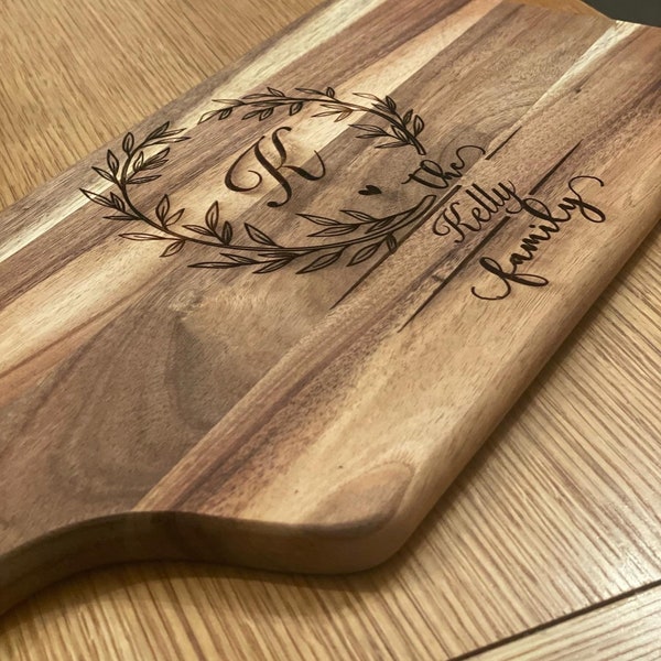 Laser engraved Personalised Serving Board with Handle Monogrammed Personalised Cheese Board Engagement Gift Bridal Shower Gift Newlywed