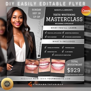Teeth Whitening Masterclass | Teeth Whitening Training Class | Dental Masterclass | Dentist Flyer | 3:4 Class Flyer Editable Canva Template