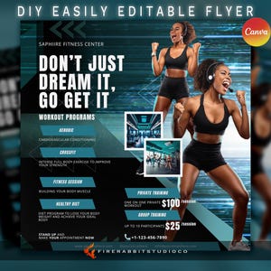 Puede incluir: Un folleto para Sapphire Fitness Center con el texto "Don't Just Dream It, Go Get It" y una foto de dos mujeres haciendo ejercicio. El folleto enumera diferentes programas de entrenamiento, que incluyen aeróbicos, crossfit, sesión de fitness, dieta saludable y entrenamiento privado y en grupo. El folleto también incluye el número de teléfono +1-123-456-7890 y el sitio web firerabbitstudioco.com.