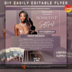 Puede incluir: Un folleto rosa y morado con una mujer con un vestido dorado. El folleto anuncia el lanzamiento del libro "This is How I Became a Bossed Up Soft Girl" de Makayla Lawson. El evento es el 18 de septiembre a las 7 pm EST. El folleto incluye el título del libro, el nombre del autor, la fecha y hora del evento, y una llamada a la acción para preordenar el libro.